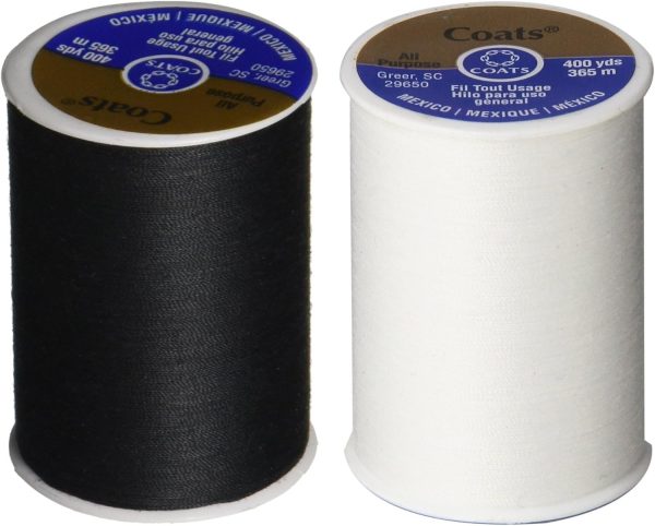 2-Pack - BLACK & WHITE - Coats & Clark Dual Duty All-Purpose Thread - One 400 Yard Spool each of BLACK & White