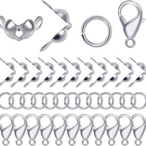 500 Pcs Jewelry Making Accessories Set Includes 100 Pcs Lobster Claw Clasps 200 Pcs Open Jump Rings 200 Psc Bead Tip Knot Caps, Lobster Claw Clasps for Jewelry Making DIY Crafts (Silver)