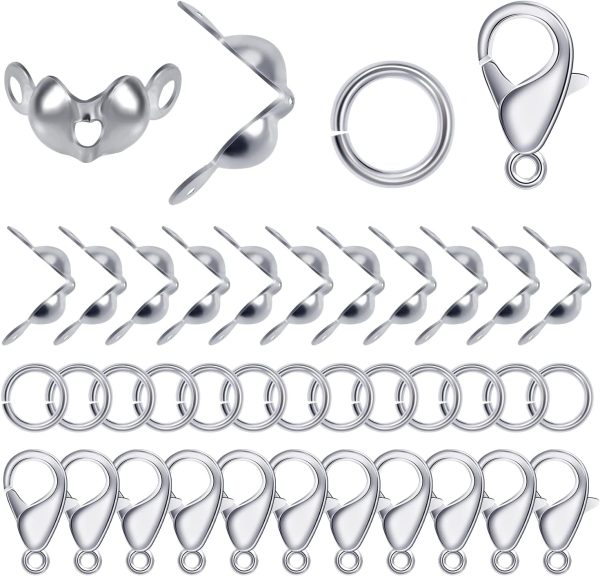 500 Pcs Jewelry Making Accessories Set Includes 100 Pcs Lobster Claw Clasps 200 Pcs Open Jump Rings 200 Psc Bead Tip Knot Caps, Lobster Claw Clasps for Jewelry Making DIY Crafts (Silver)