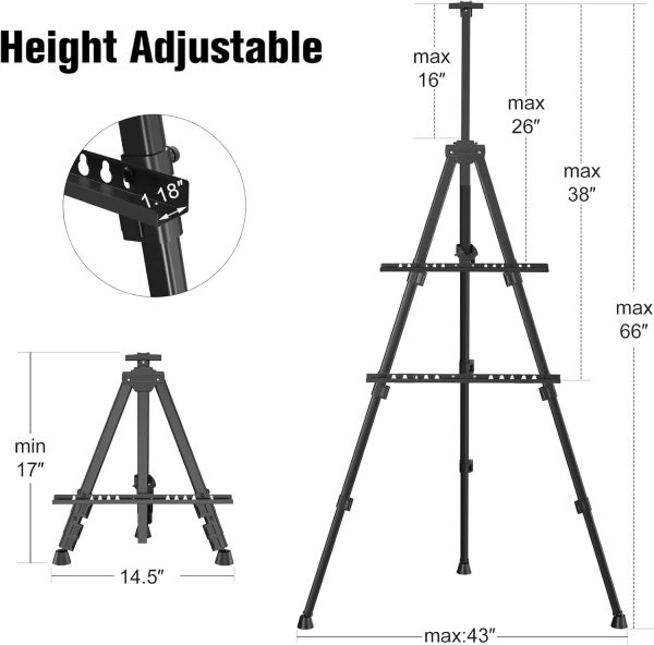 Art Painting Display Easel Stand - Portable Adjustable Aluminum Metal Tripod Artist Easel with Bag, Height from 17" to 66", Extra Sturdy for Table-Top/Floor Painting, Drawing, and Displaying, Black - Image 3