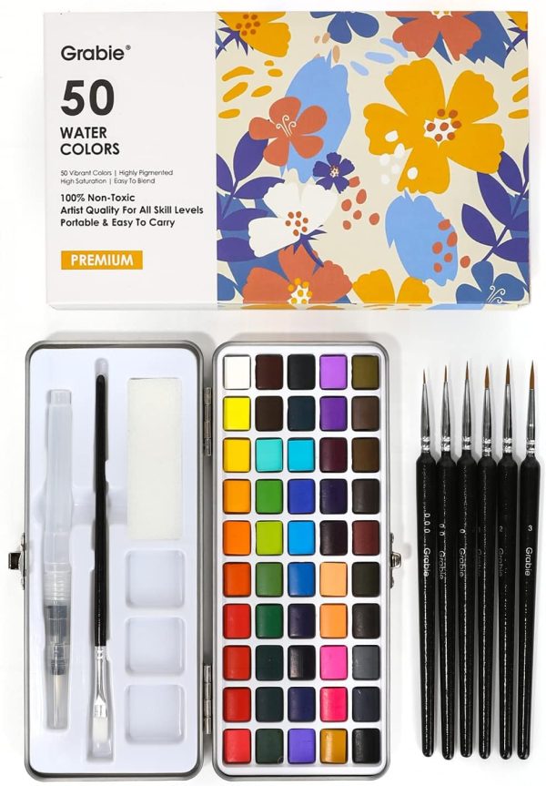 Grabie Watercolor Paint Set, Great for Painting, 50 Colors, Detail Paint Brush Included, Art Supplies, for Artists, Amateur Hobbyists and Painting Lovers