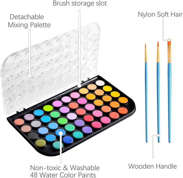 Upgraded 48 Colors Washable Watercolor Paint Set with 3 Brushes and Palette, Non-toxic Paints Sets for Kids, Adults, Beginners Artists, Make Your Painting Talk… - Image 2